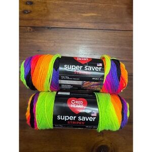 Red Heart Super Saver Stripes Yarn Bright Stripe 4970 Neon Rainbow 2 Skeins Lot